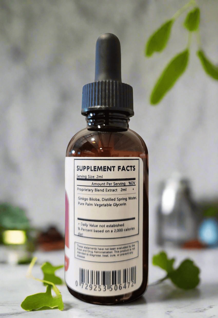 Herbal Island Ginkgo Biloba Extract liquid supplement in a clear bottle, alcohol-free, with a label showing botanical ingredients.