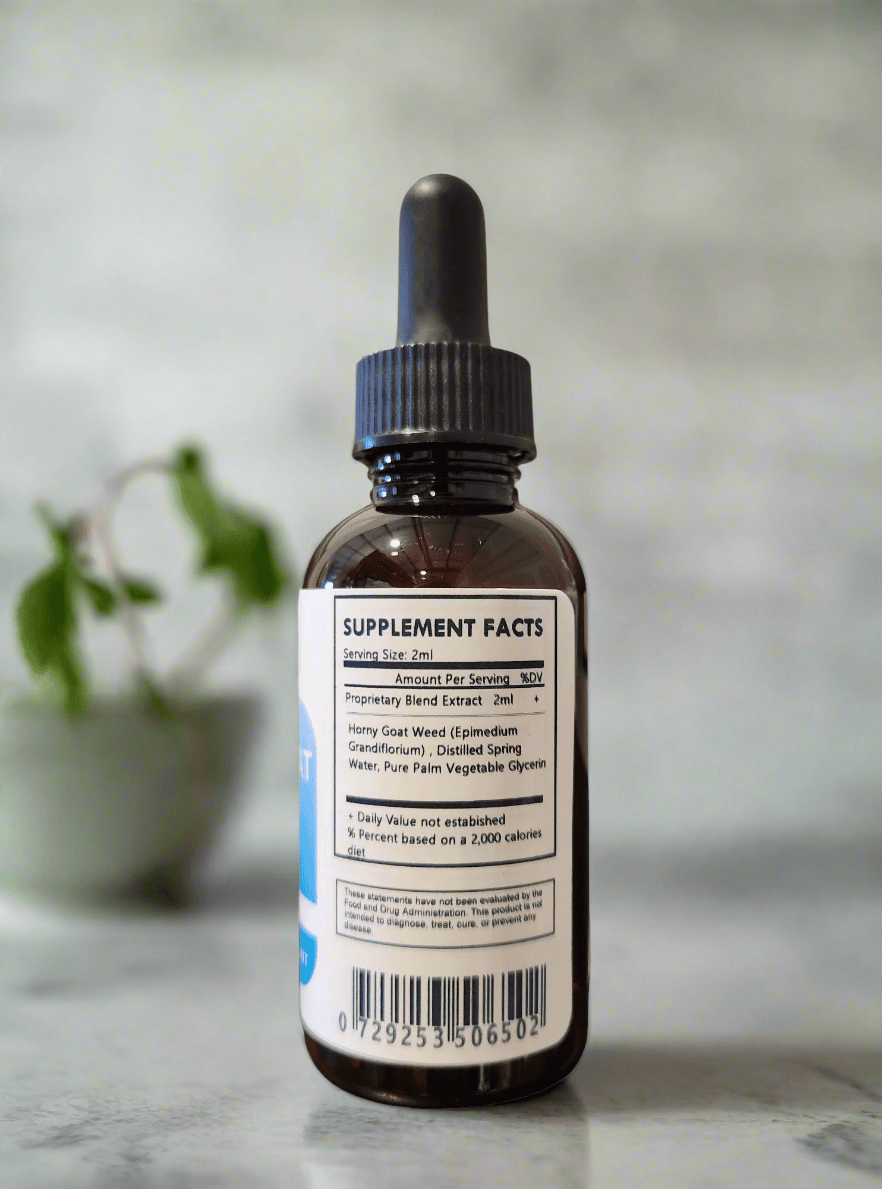 Herbal Island Horny Goat Weed Liquid Tincture in a glass dropper bottle, alcohol-free herbal supplement for natural vitality.