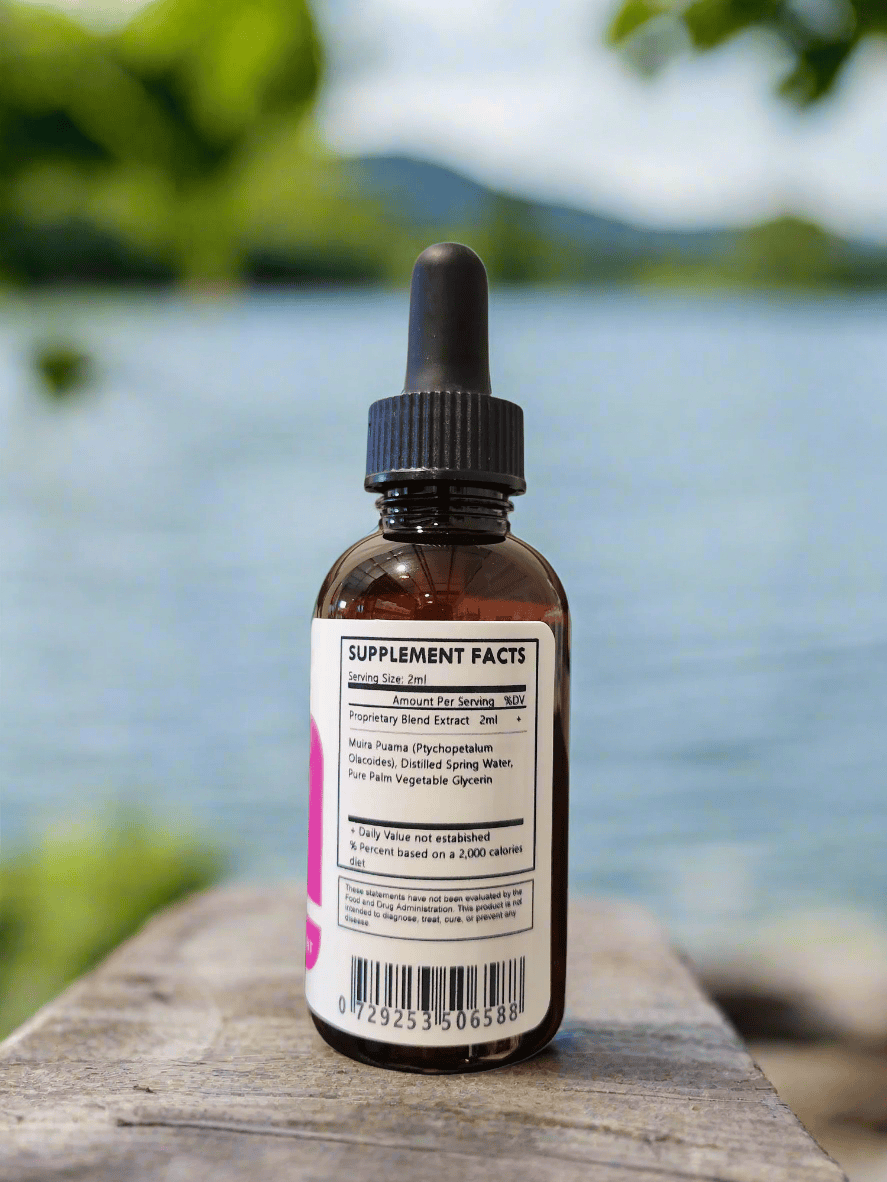 Herbal Island Muira Puama tincture liquid bottle with dropper, alcohol-free herbal supplement for wellness.