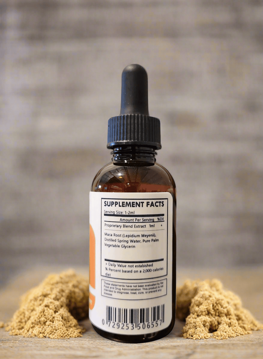 Herbal Island Maca Root Liquid Tincture in a glass bottle, alcohol-free herbal supplement with a dropper for easy use.