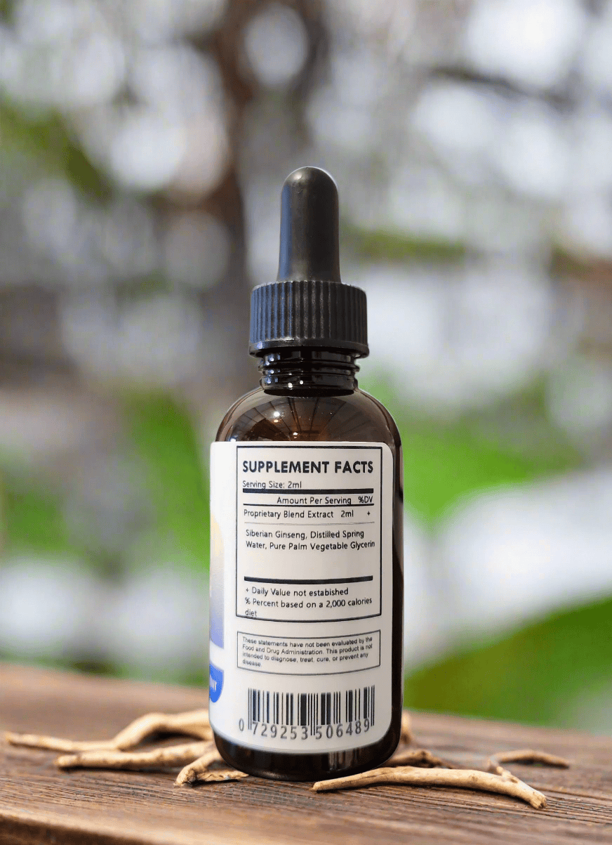 Herbal Island Siberian Ginseng tincture liquid with eleuthero root, alcohol-free herbal supplement in a glass dropper bottle.