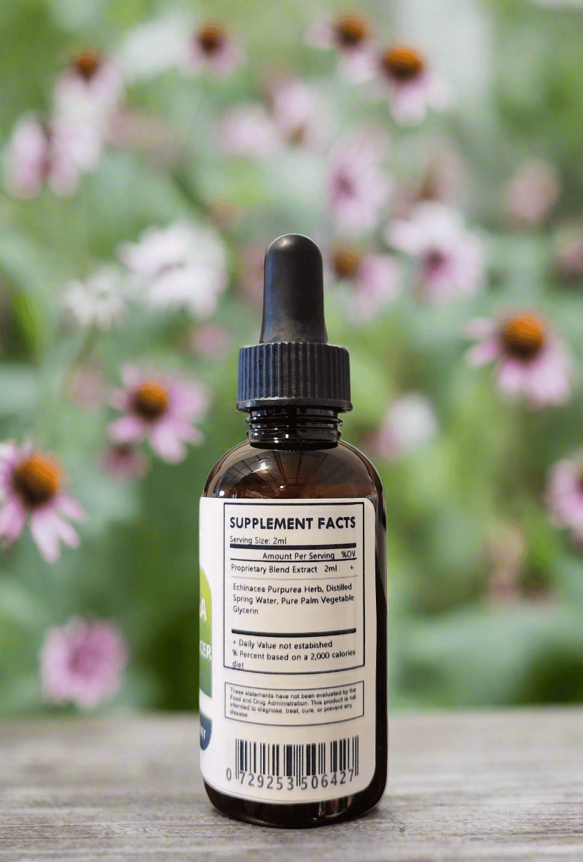 Liquid Echinacea Herb Extract by Herbal Island for immune support, featuring a clear bottle with the herbal supplement inside.