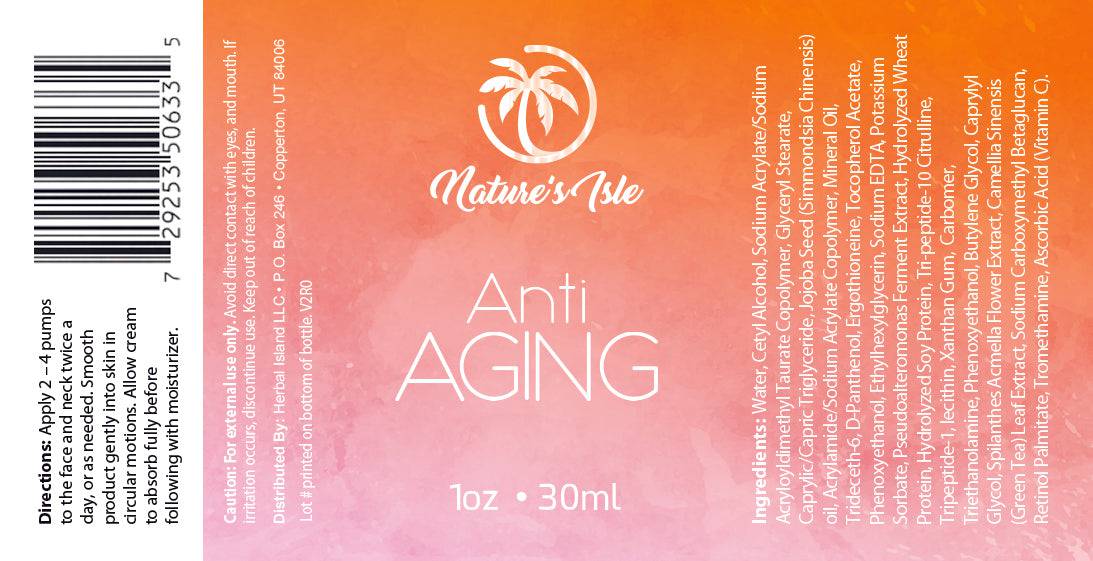 Herbal Island anti-aging cream jar with smooth, creamy texture and natural ingredients for youthful skin.