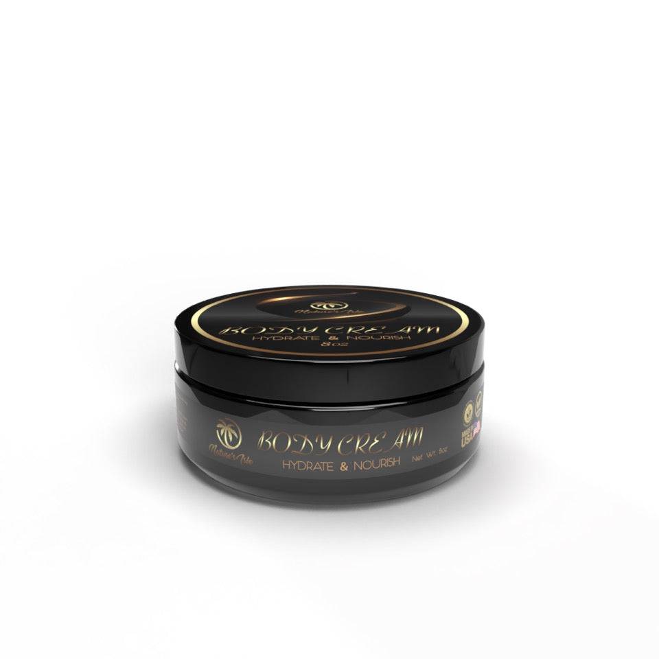 Herbal Island body cream in a jar, hydrating and nourishing skincare product with a smooth, creamy texture for soft skin.