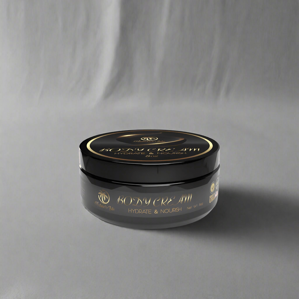 Herbal Island body cream for hydration and nourishment, showing a smooth, creamy texture in a natural skincare product image.