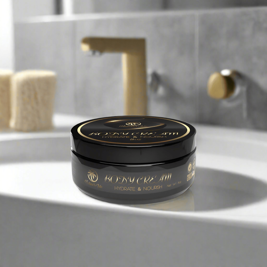 Herbal Island body cream for hydration and nourishment, showing a smooth, creamy texture in a white jar with herbal accents.