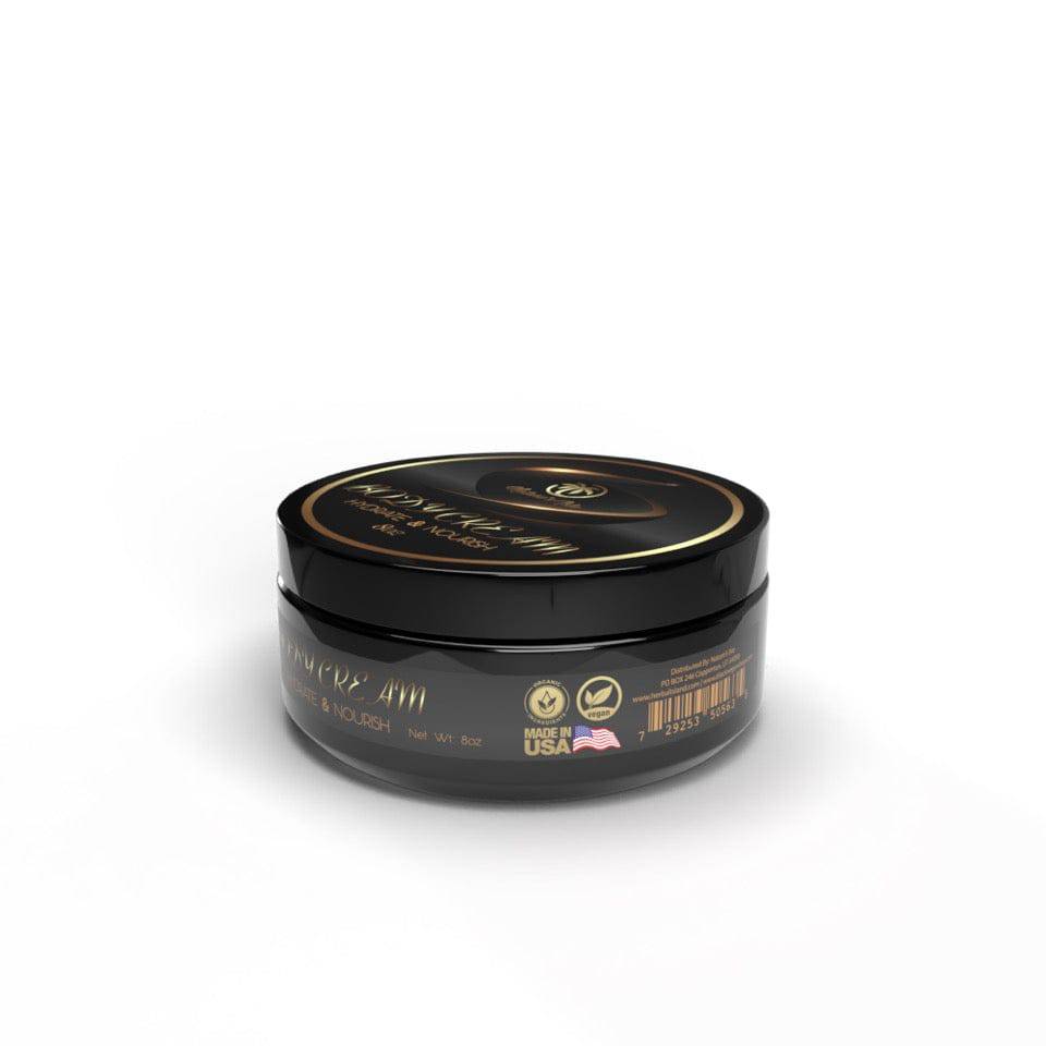 Herbal Island hydrating and nourishing body cream in a white jar with a silver lid, smooth cream visible inside.