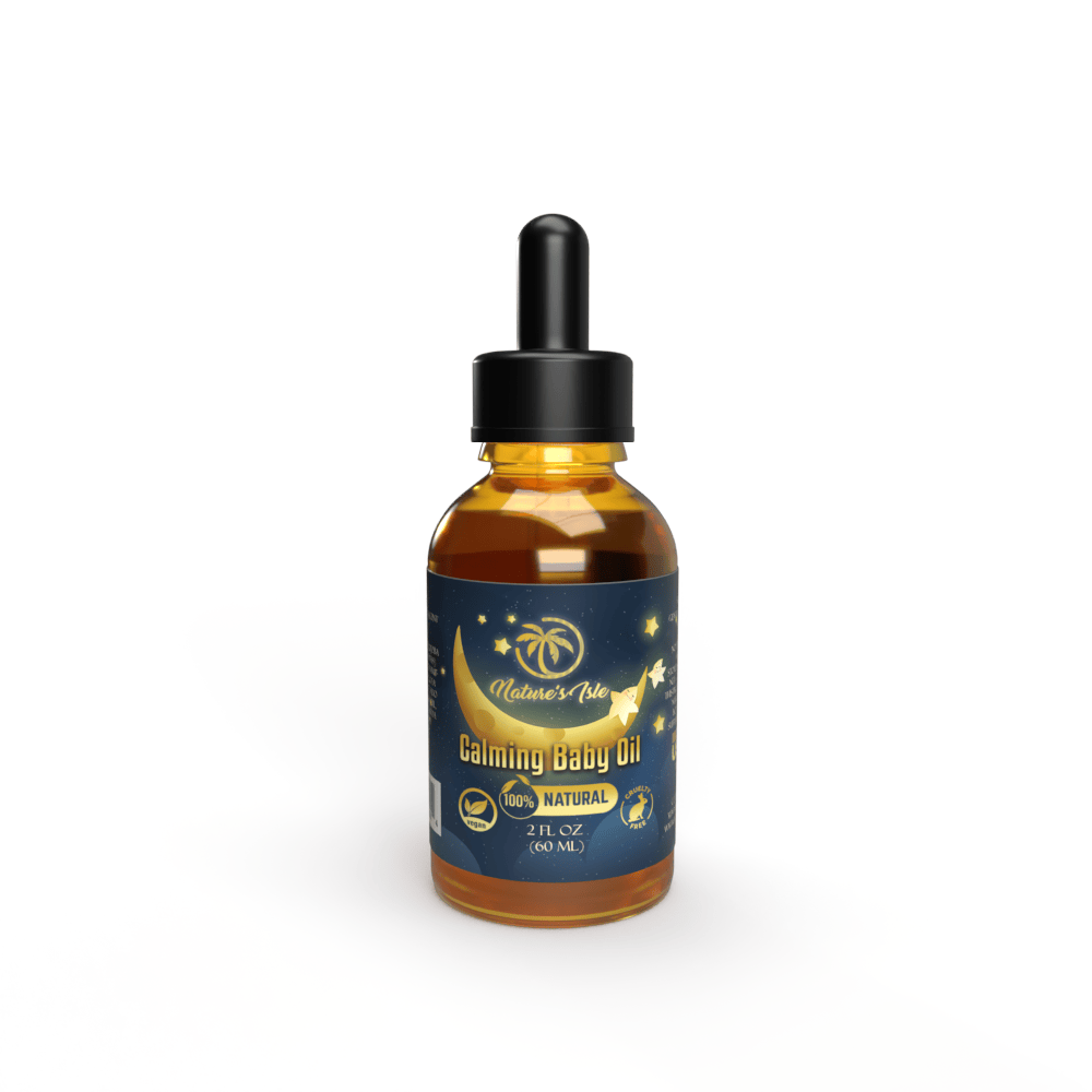 Herbal Island calming baby oil in a 60ml glass bottle, all-natural baby oil with soothing properties and gentle scent.