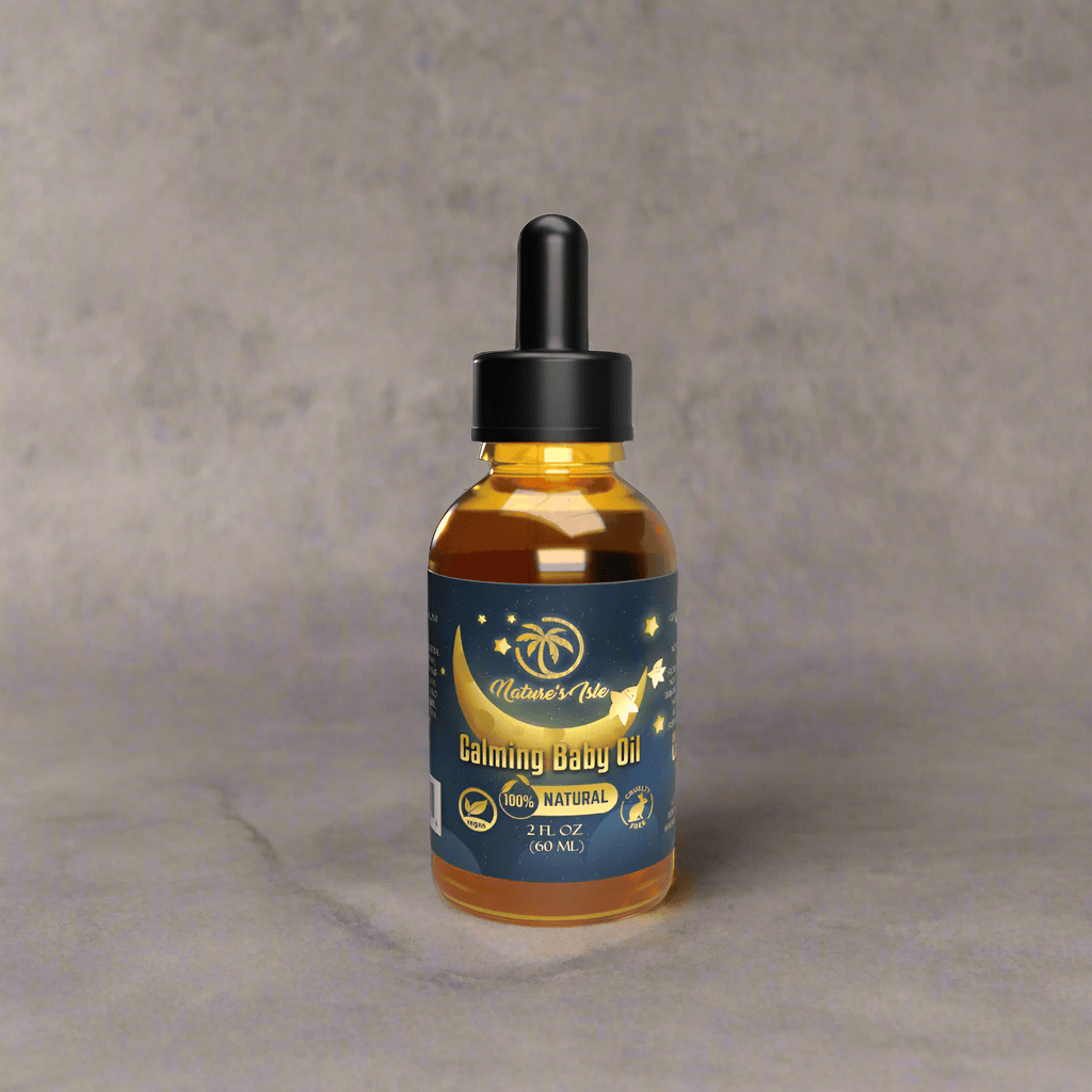 Herbal Island calming baby oil in a 60ml bottle, natural ingredients, transparent bottle with a white cap and soft-label design.
