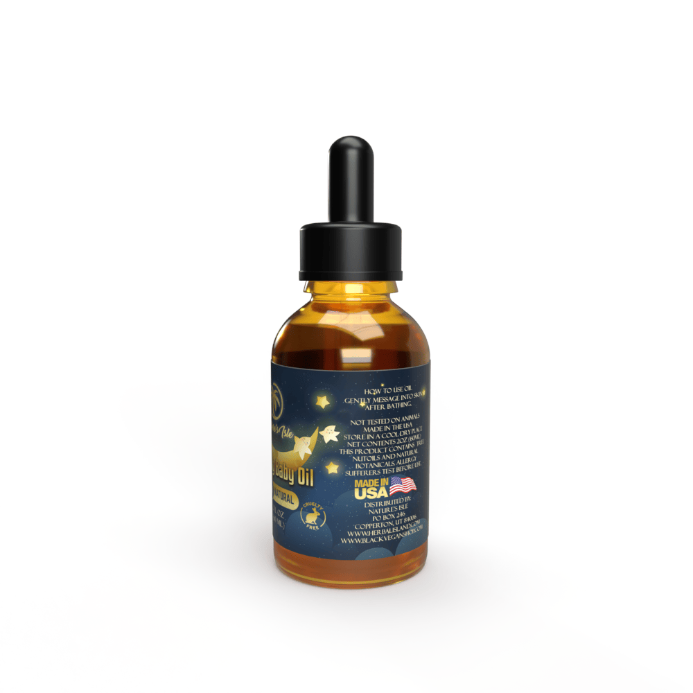 Herbal Island Calming Baby Oil in a 60ml clear bottle, featuring natural ingredients and gentle for sensitive baby skin.