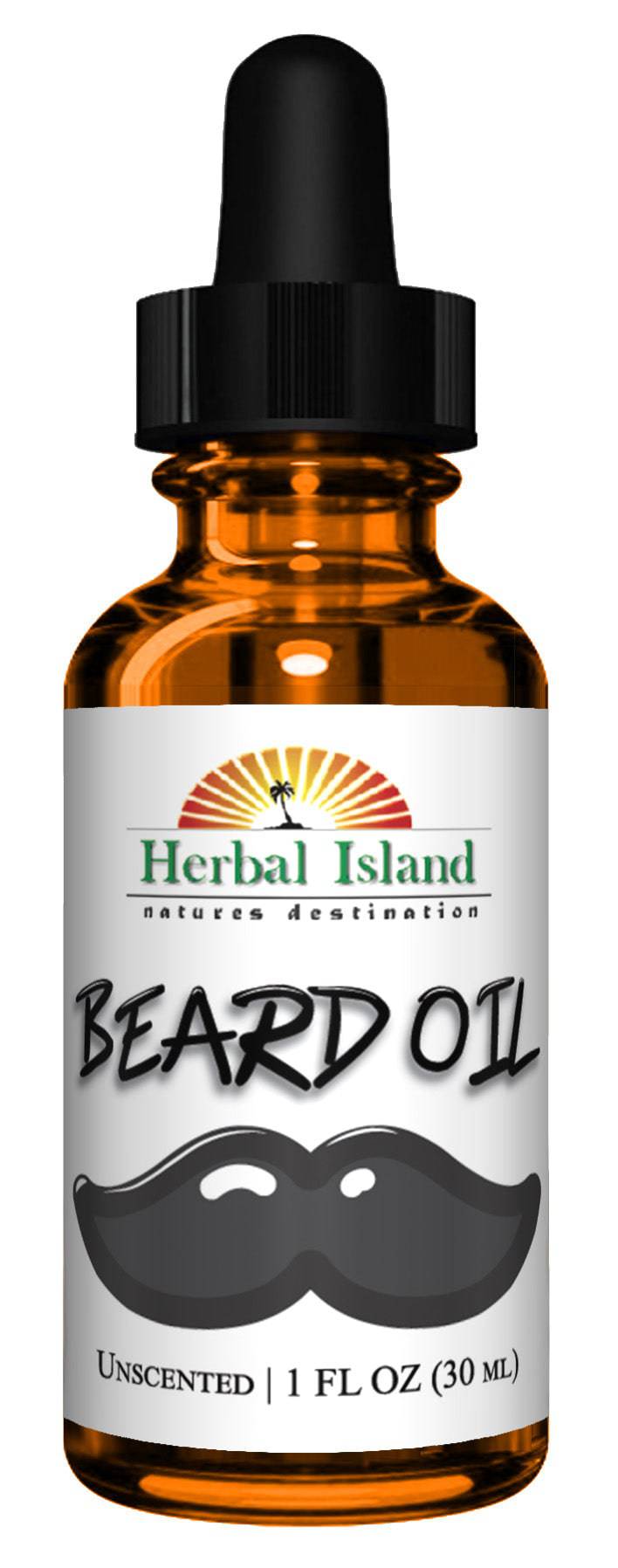 Herbal Island natural unscented beard oil blend in a clear glass bottle with dropper, showing front view.