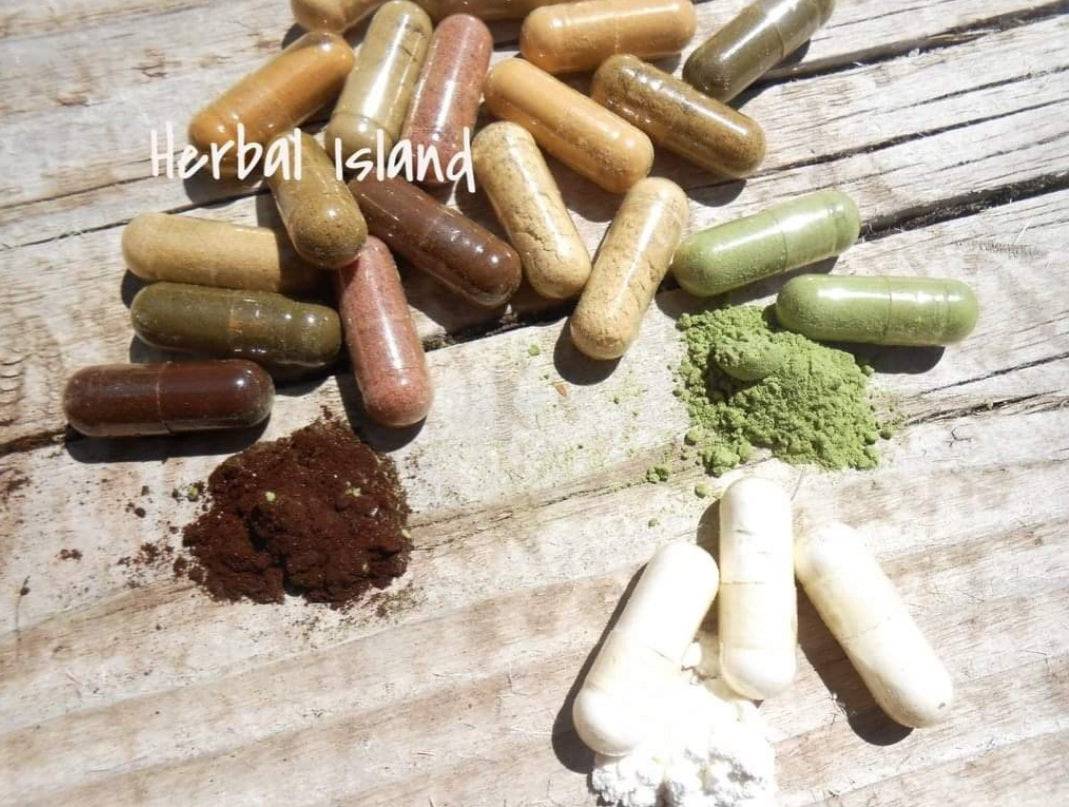 Herbal Island weight loss capsule bundle with five dietary supplement capsules for weight management and health support.