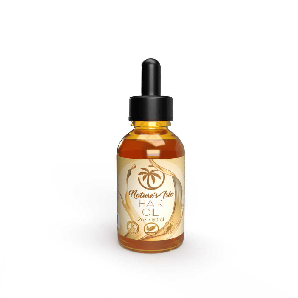 Herbal Island all-natural hair oil in a 60ml bottle, featuring golden liquid and a sleek, transparent container.