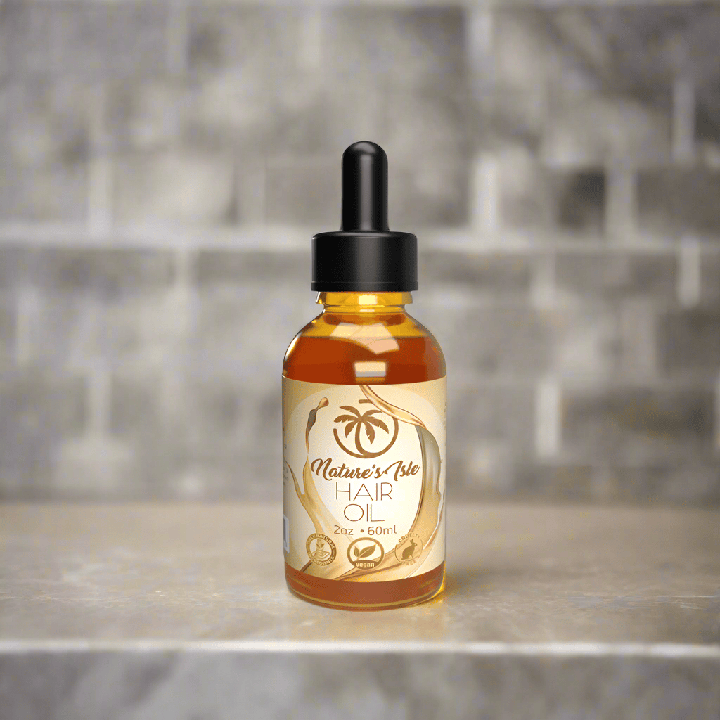 Herbal Island all-natural hair oil in a 60ml glass bottle with a dropper, showing the product ready for application.