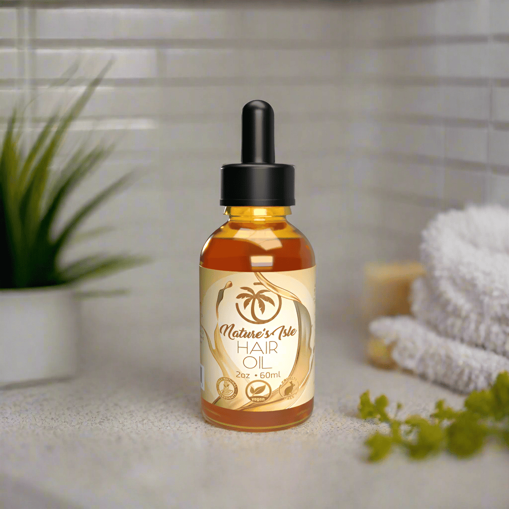 Herbal Island all-natural hair oil in a 60ml bottle, showing the clear bottle with golden oil inside.