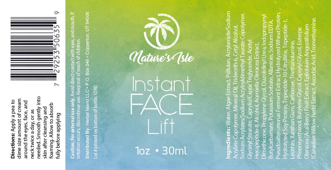 Herbal Island Instant Face Lift Cream in a 30ml jar, showcasing a smooth, youthful skin appearance.