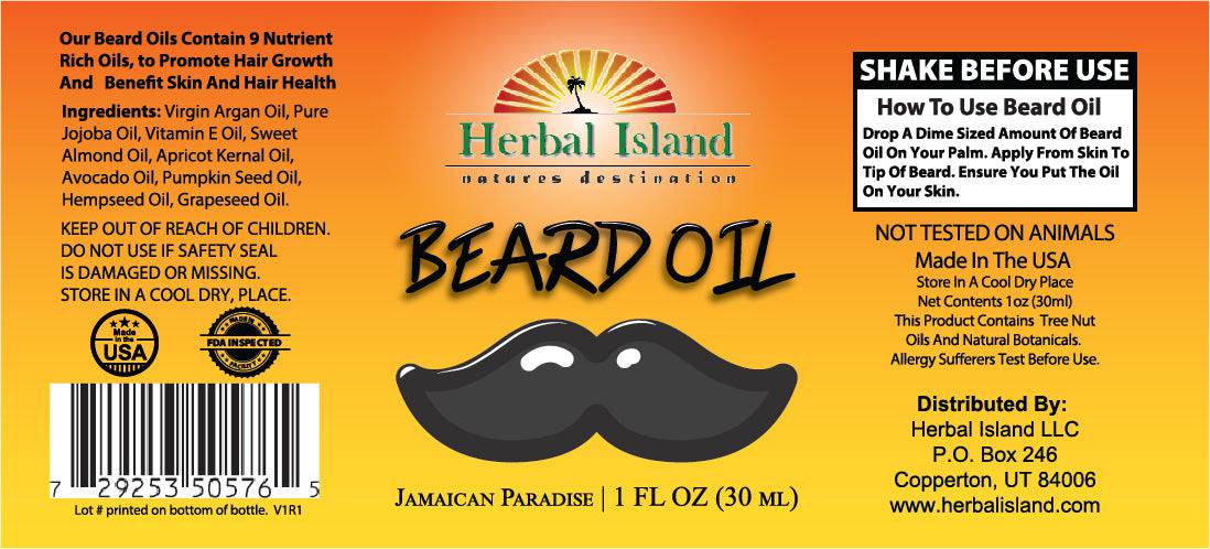 Herbal Island Jamaican Paradise beard oil bottle with label, showcasing natural ingredients for healthy beard grooming.