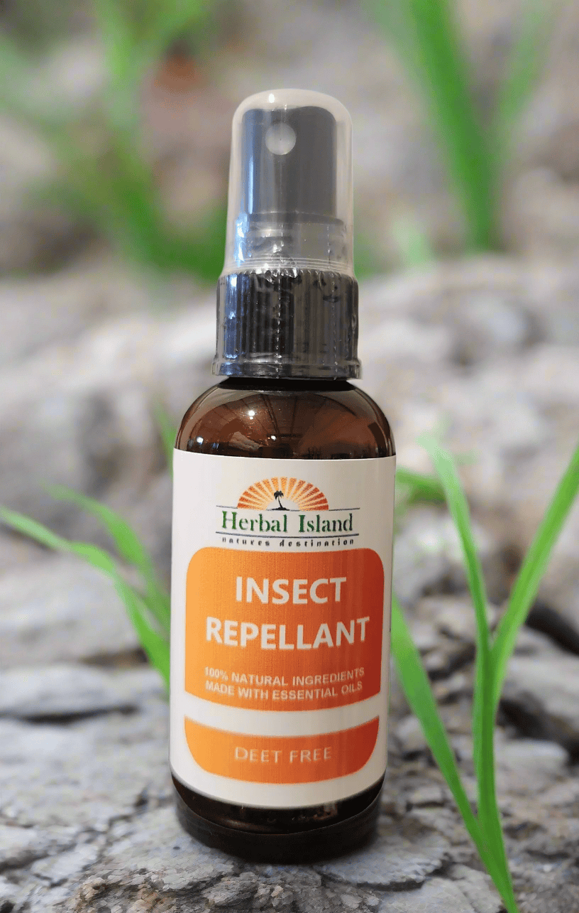 Herbal Island natural insect repellent liquid spray with essential oils, DEET-free mosquito and bug spray in a clear bottle