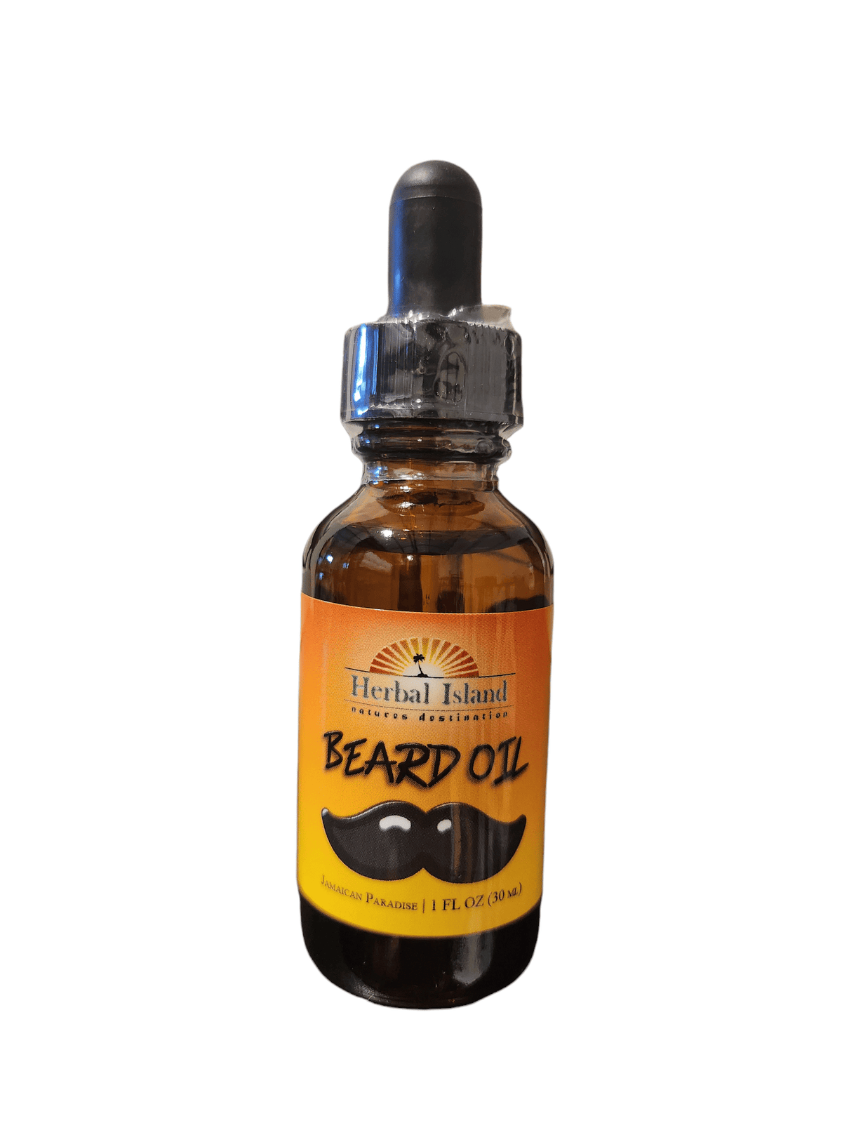 Herbal Island Jamaican Paradise beard oil bottle with natural ingredients and tropical-inspired label, designed for grooming and beard care.