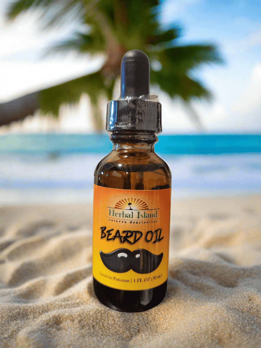 Herbal Island Jamaican Paradise beard oil bottle with a natural wooden cap, displayed against a neutral background.