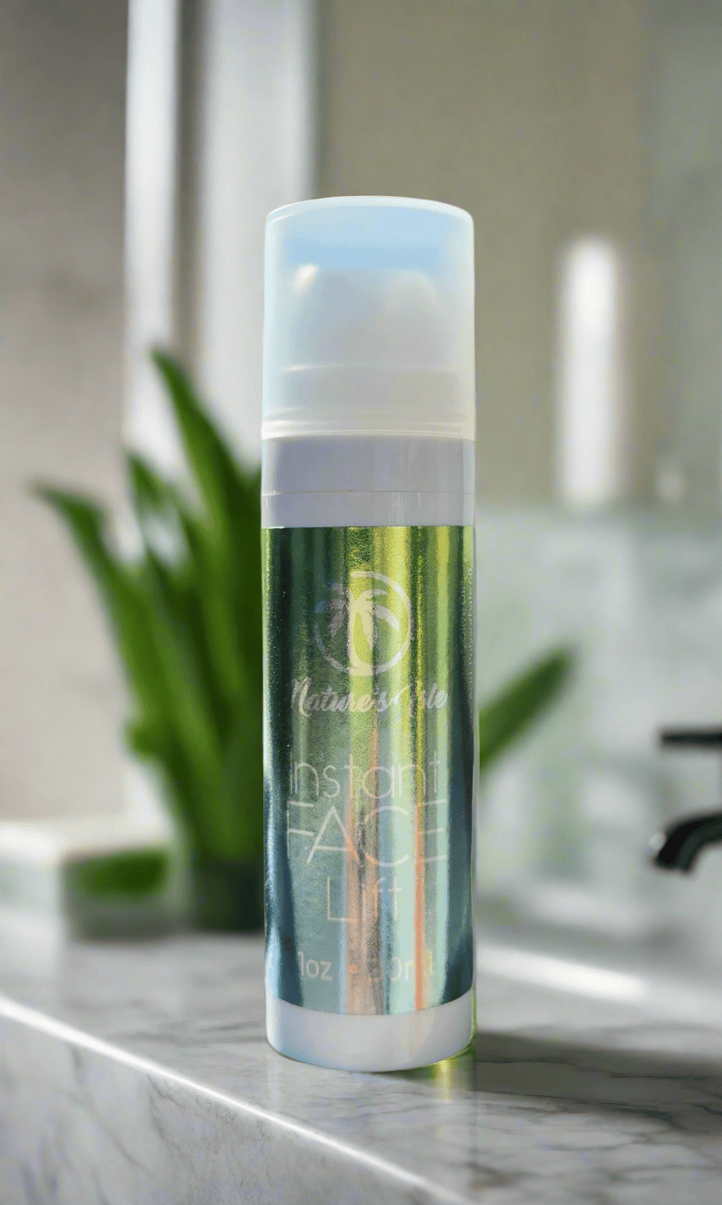 Herbal Island instant face lift cream in a sleek jar, featuring smooth cream texture for skincare and facial rejuvenation.