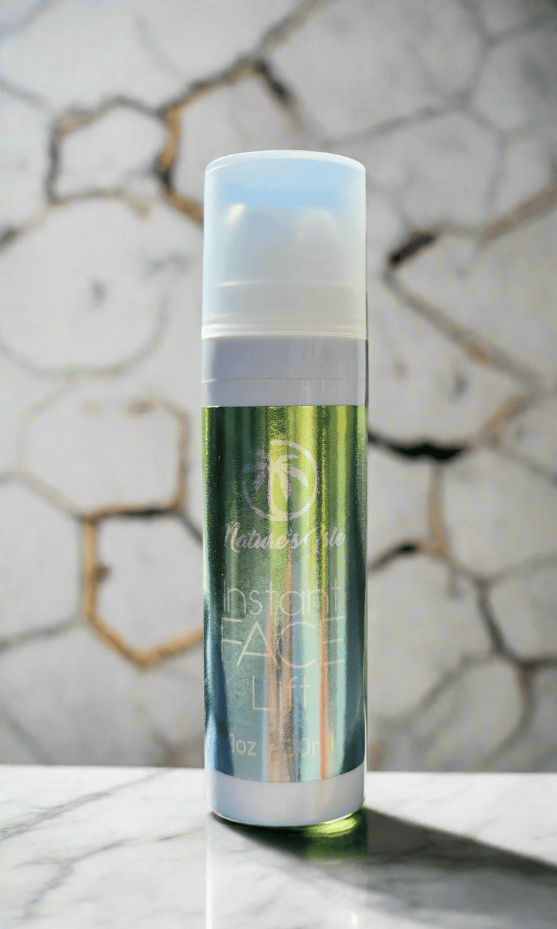 Herbal Island Instant Face Lift Cream in a sleek jar, showcasing smooth, revitalized skin with a luxurious cream texture.