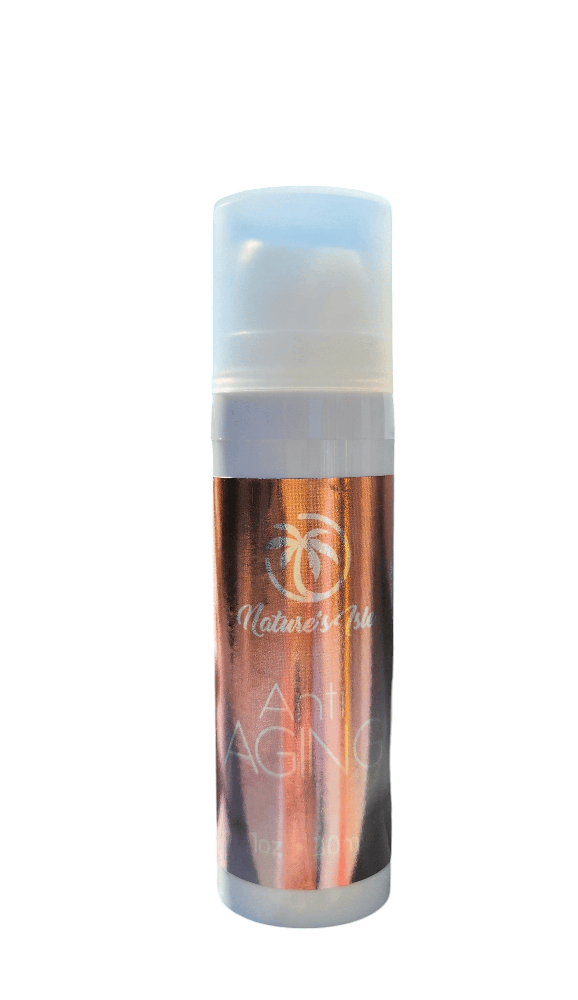Herbal Island anti-aging cream jar with a smooth, white cream inside, showcasing the skincare product for aging skin.