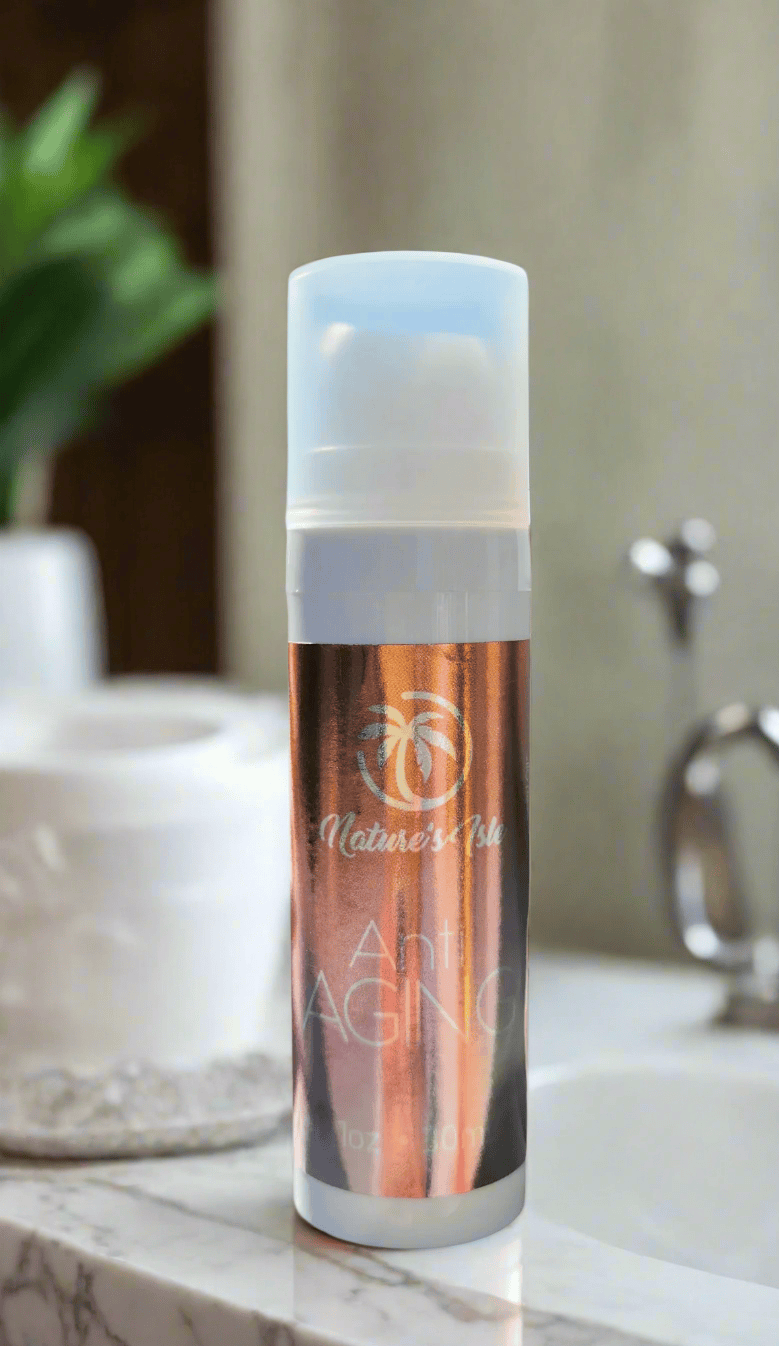 Herbal Island anti-aging cream jar with cream visible, showcasing a smooth, nourishing skincare product for mature skin.