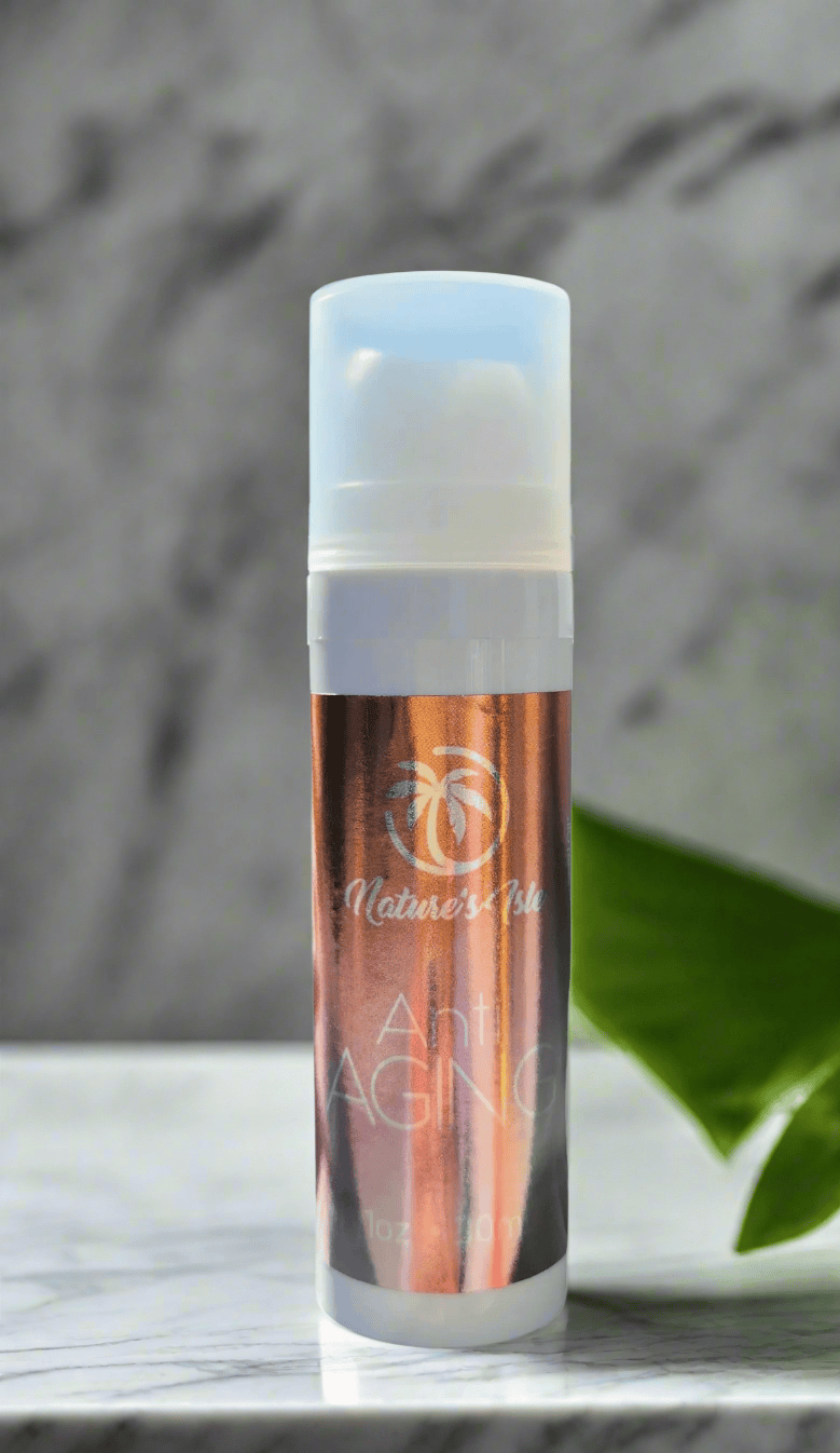 Herbal Island anti-aging cream jar with smooth cream inside, skincare product for youthful skin, in a clean container.