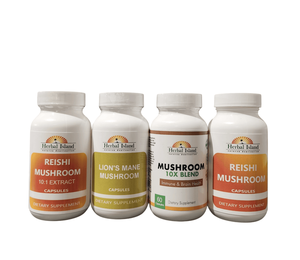 Herbal Island mushroom capsule bundle featuring four different mushroom supplement capsules in a clear container.