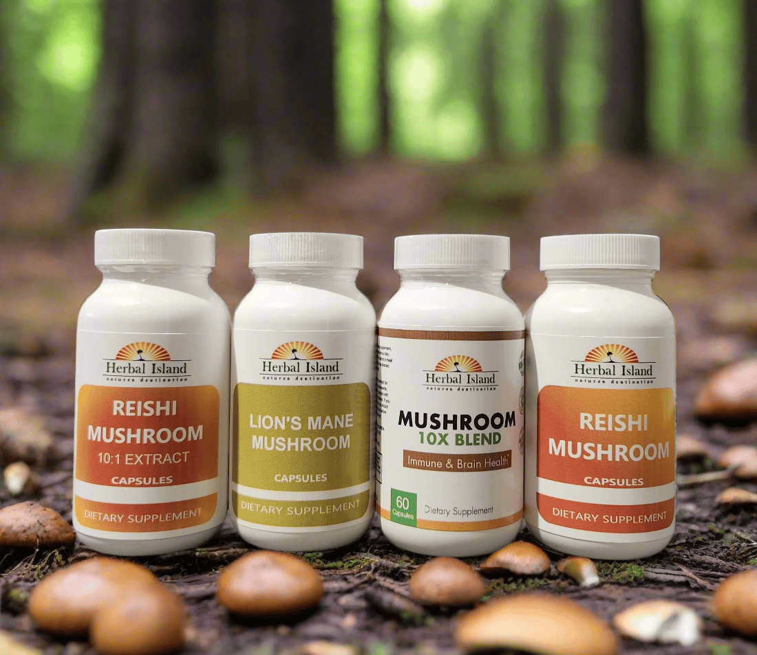 Herbal Island mushroom capsule bundle with four different mushroom supplement bottles on a clean white background.