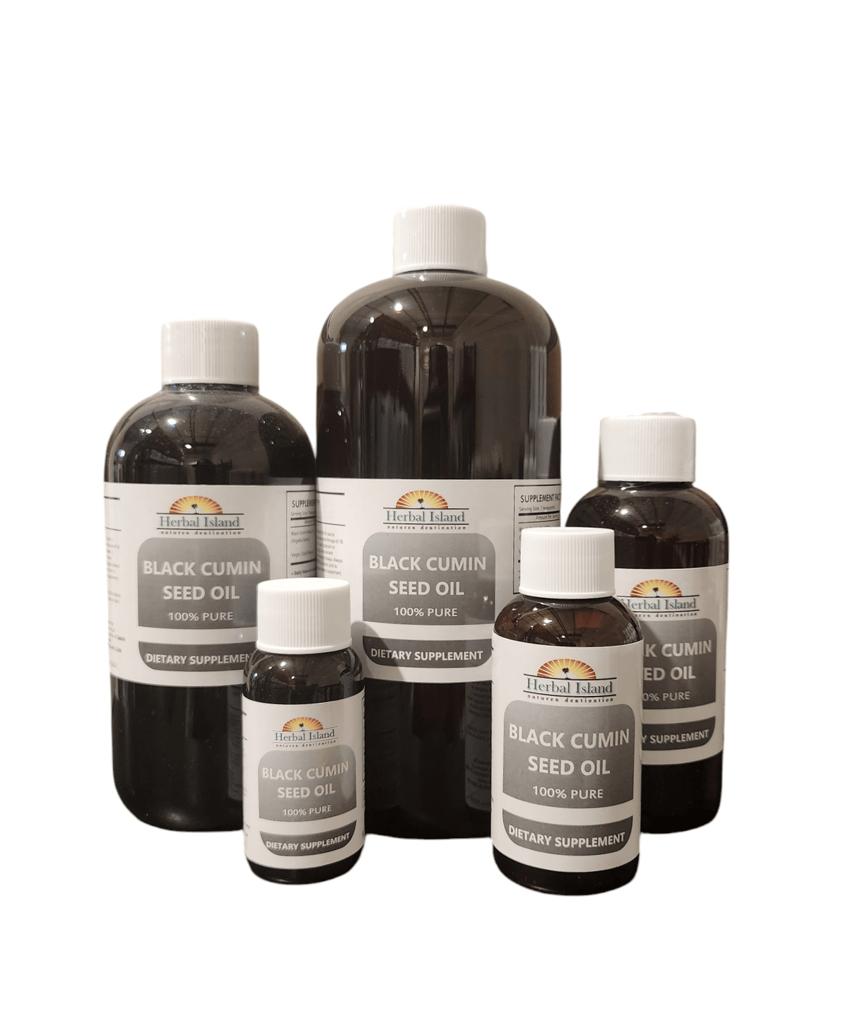 Organic black seed oil bottle from Herbal Island, showcasing the dark glass container and label on a white background.