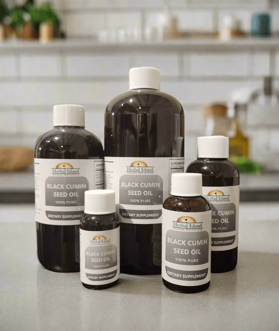 Organic black seed oil bottle from Herbal Island, dark glass container with label, on a white background.