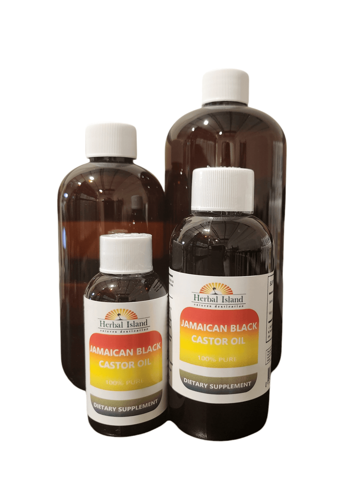 Organic Jamaican Black Castor Oil from Herbal Island in a clear glass bottle, showcasing its rich, dark color for hair and skin care.