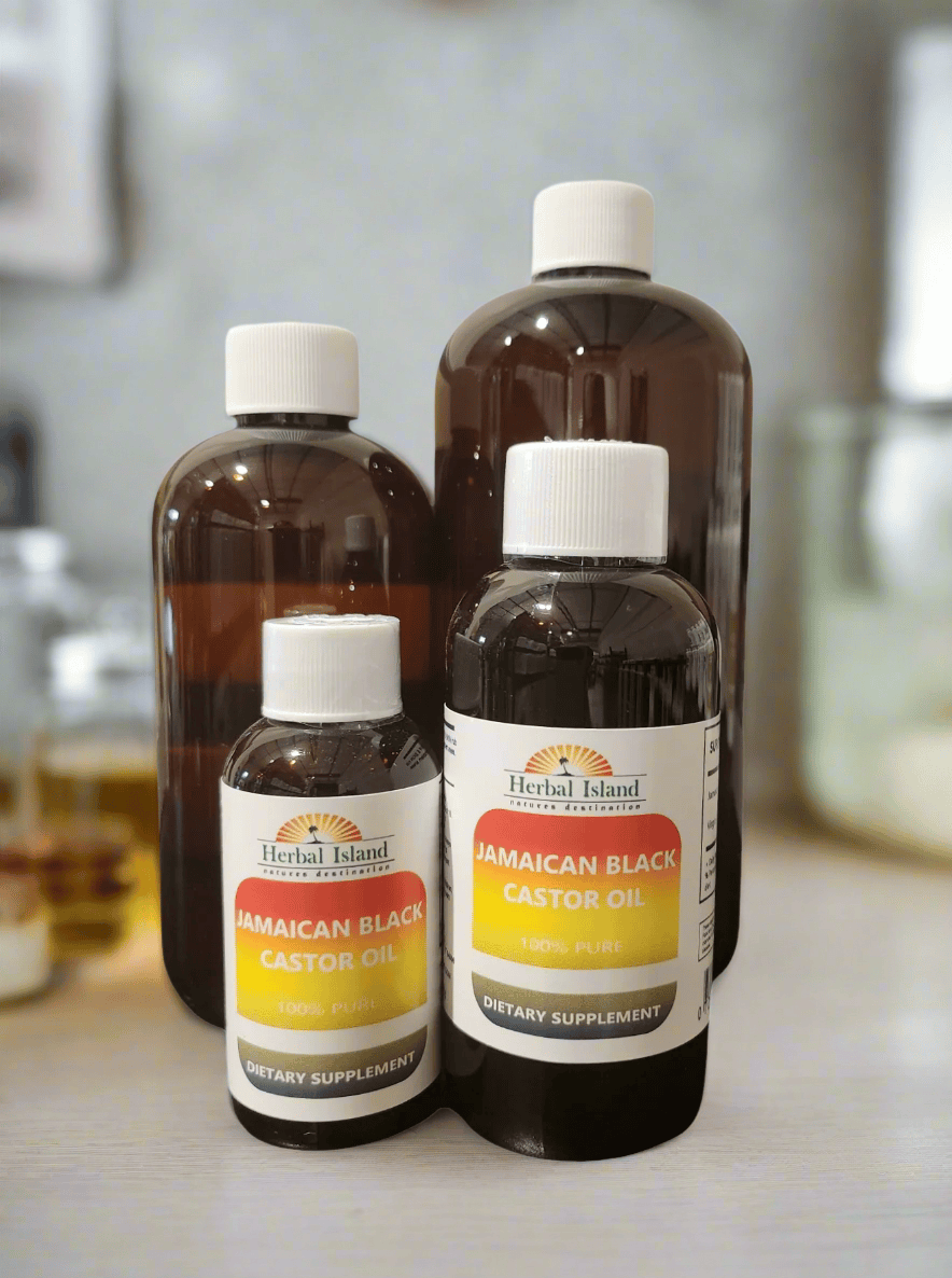 Organic Jamaican Black Castor Oil bottle from Herbal Island, showing the dark oil inside a clear glass container.