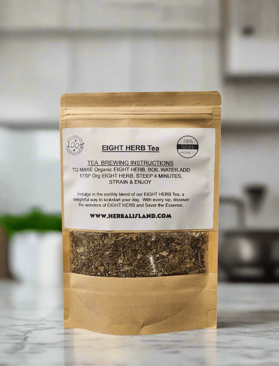 Herbal Island Eight Herb Tea cut and sift herbal blend in a clear jar with colorful herbs and dried flowers.
