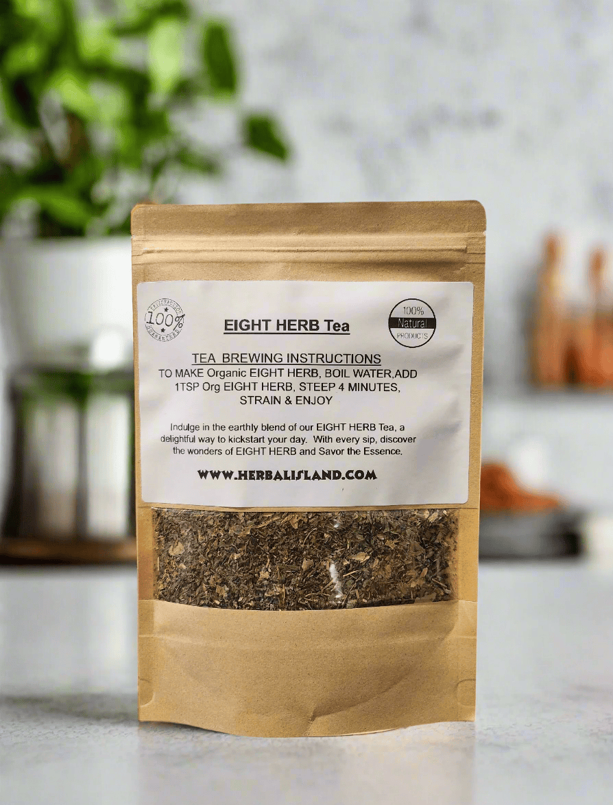 Herbal Island Eight Herb Tea in cut and sift form with mixed dried herbs in a clear container.