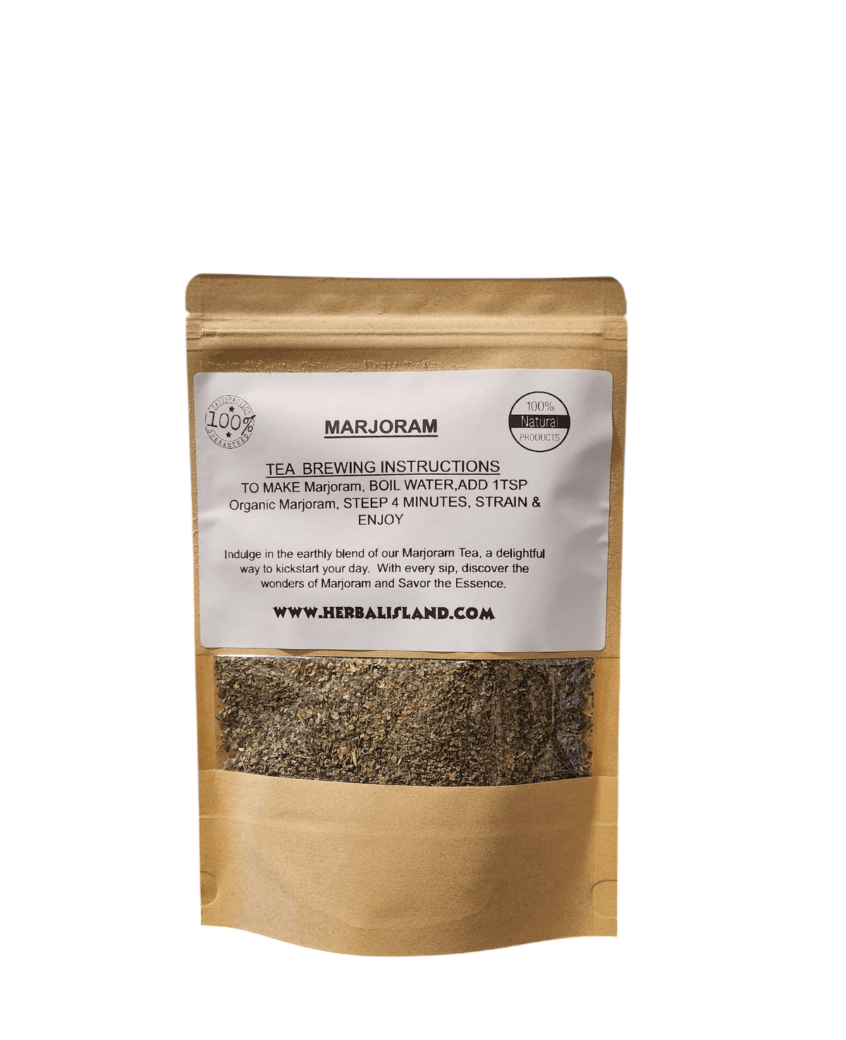 Herbal Island Marjoram Tea in cut and sift form with dried marjoram leaves, ideal for herbal tea brewing.