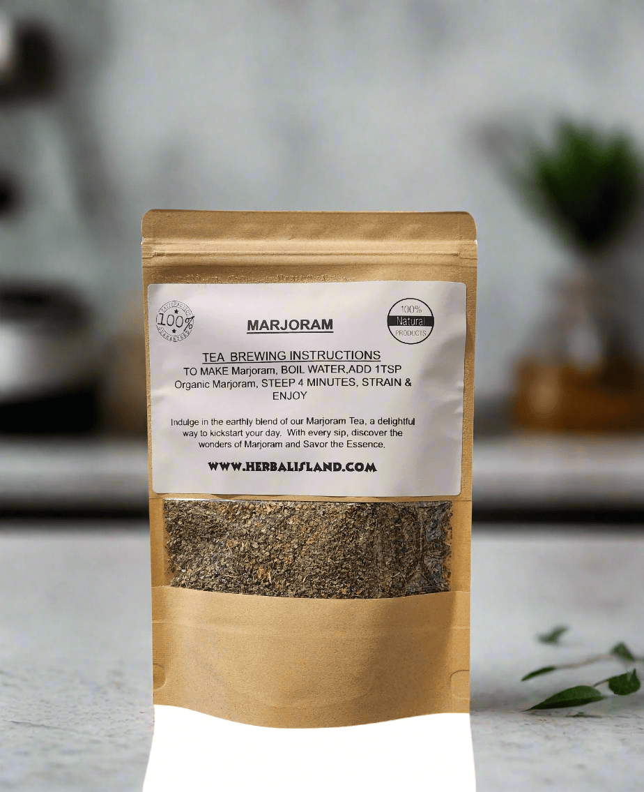 Dried marjoram tea leaves in a clear glass jar, showing the cut and sift herbal mixture from Herbal Island.