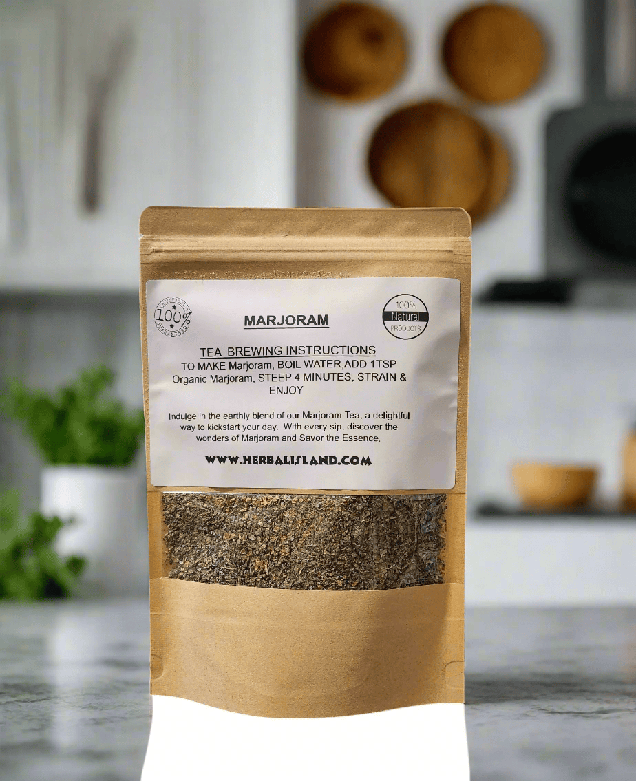 Herbal Island Marjoram Tea, cut and sift, showing dried marjoram leaves in a clear container for aromatic herbal tea.