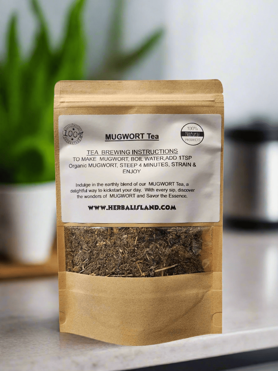 Herbal Island Mugwort Tea in a clear glass jar, showing loose cut and sift herbal tea leaves for brewing.