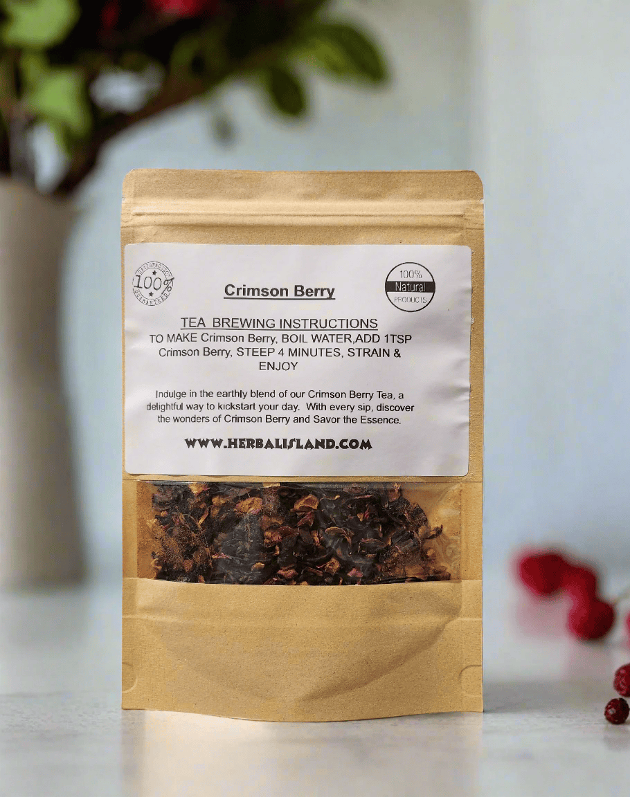 Crimson Berry Tea by Herbal Island in cut and sift form, featuring vibrant red berry pieces and aromatic tea leaves.