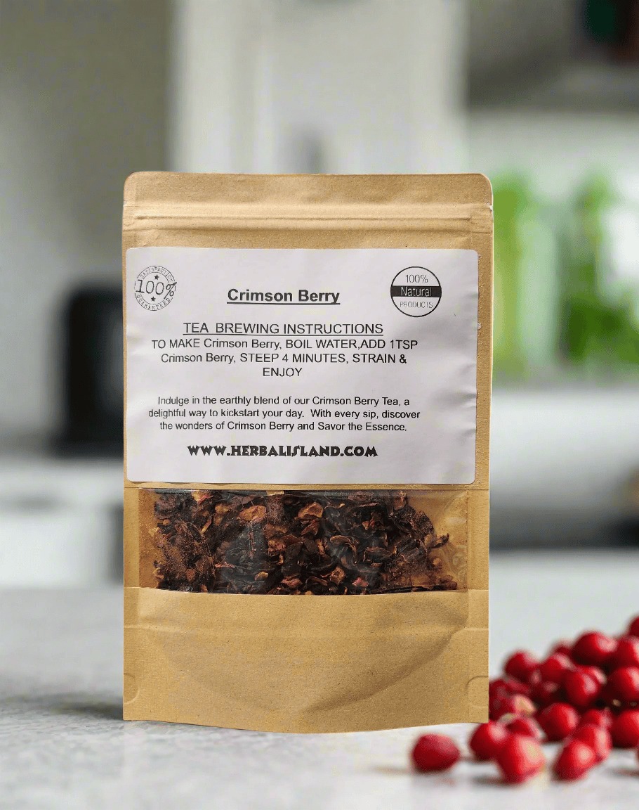 Crimson Berry Tea by Herbal Island in cut and sift form with vibrant red and berry-colored tea leaves.