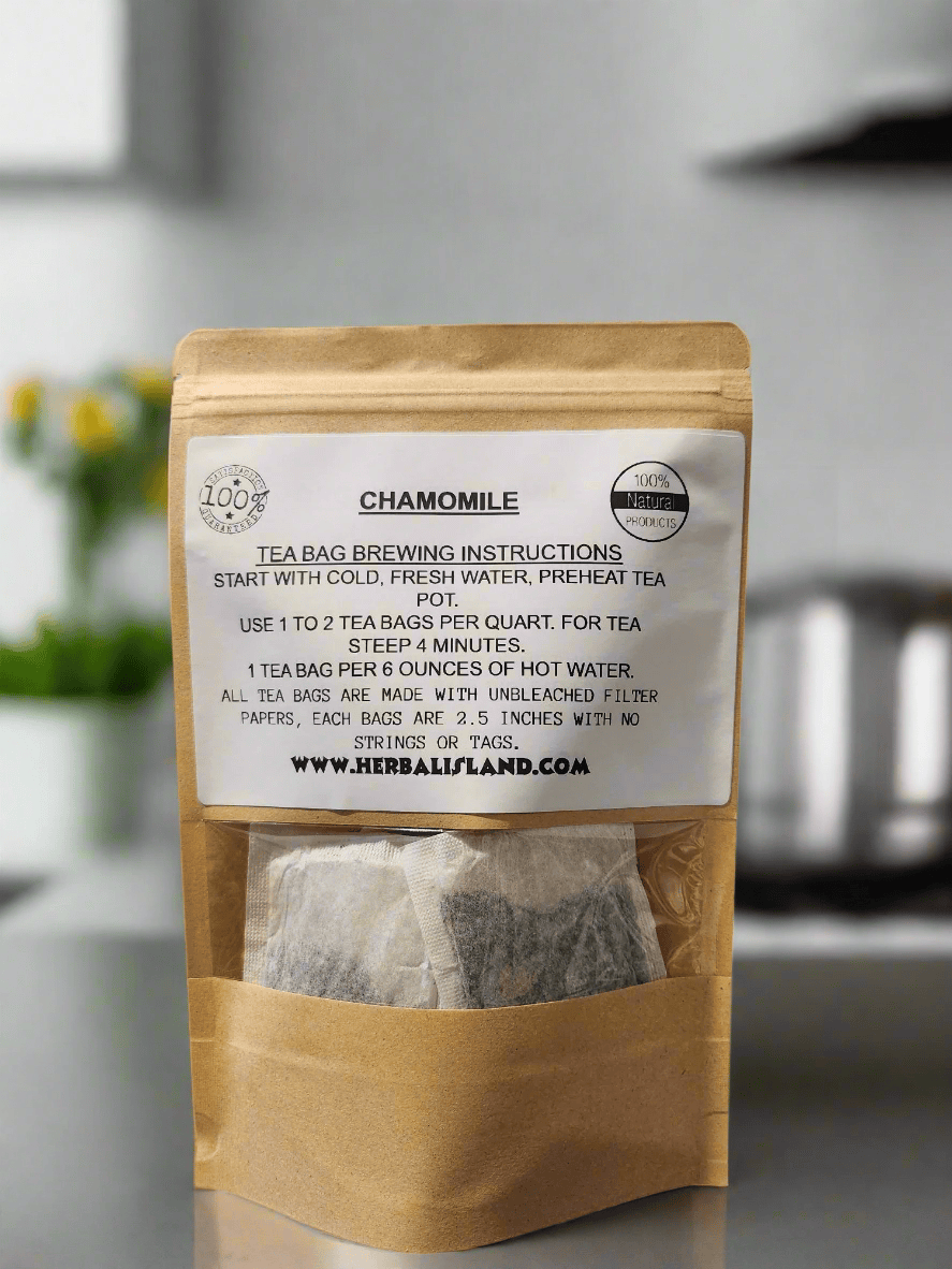 Herbal Island chamomile tea bags in a box, showing individually wrapped tea bag pouches with chamomile flowers on the packaging