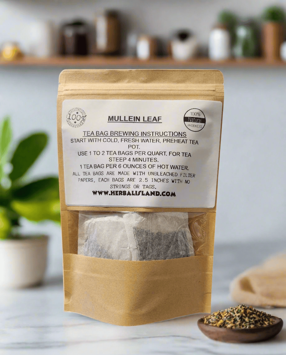 Herbal Island mullein leaf tea bags with dried mullein leaves in a natural setting, ready for brewing herbal tea.
