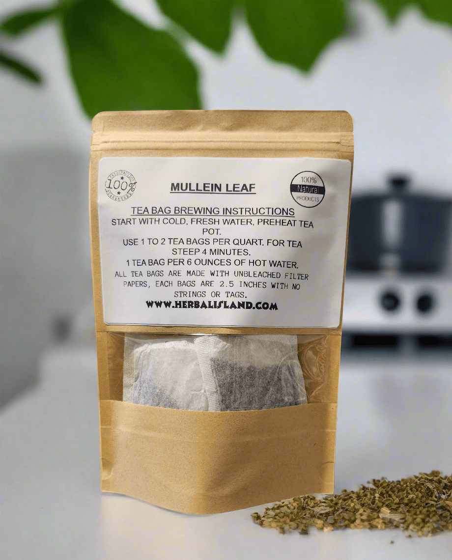 Herbal Island mullein leaf tea bags with dried mullein leaves inside, ready for brewing herbal tea.