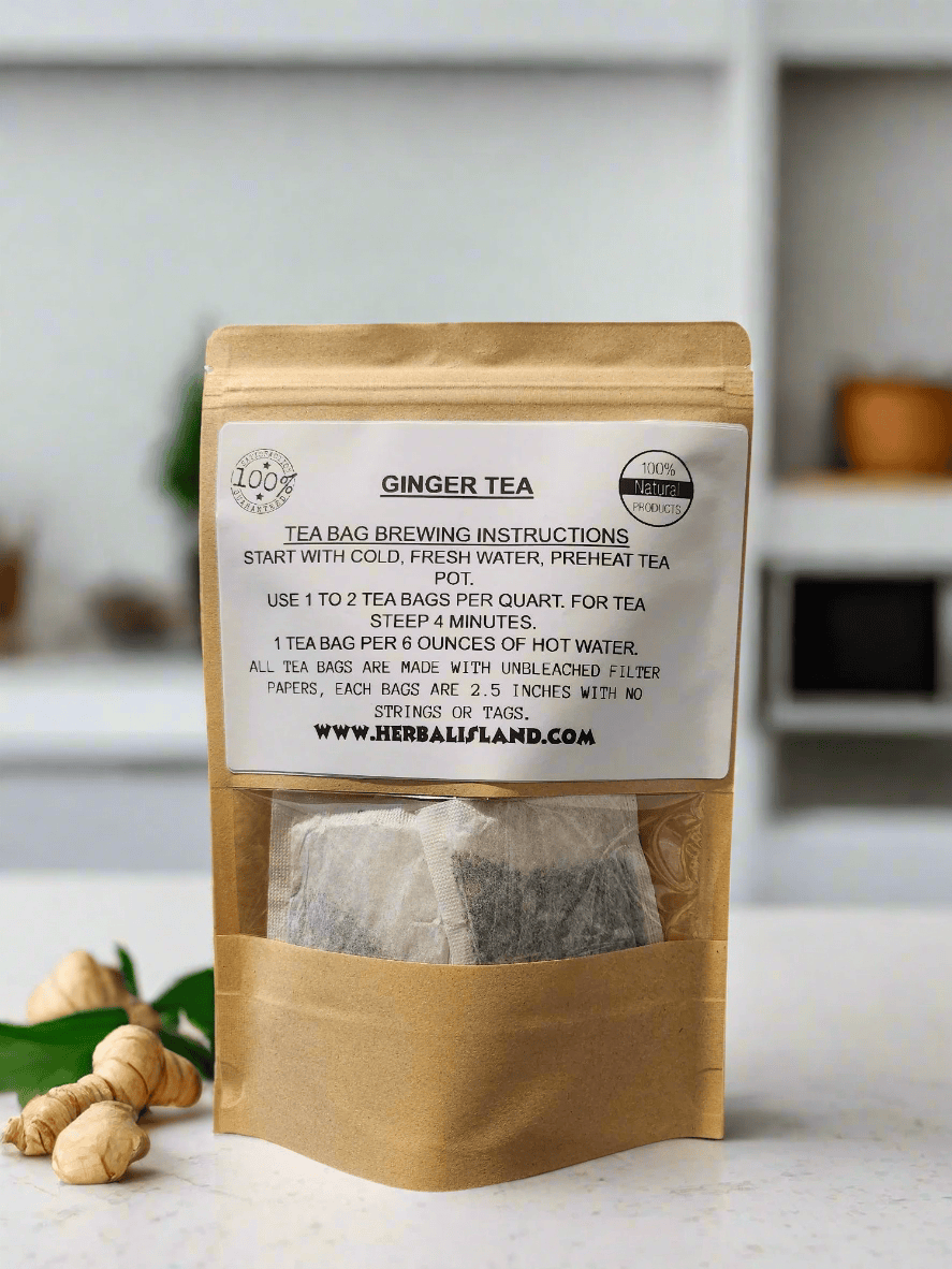 Herbal Island ginger tea bags in a box, showing individual tea bags with ginger root illustration on packaging.