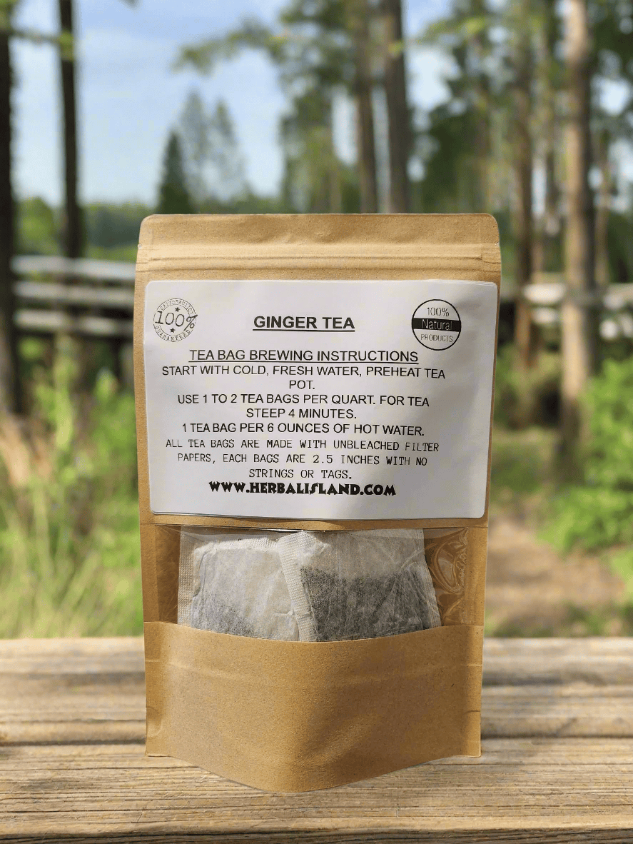 Herbal Island ginger tea bags, individually wrapped, with fresh ginger slices visible inside the packaging.