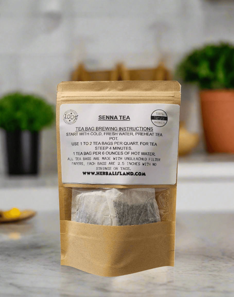 Organic Senna tea bags from Herbal Island, showing tea packaging with green leaves and herbal branding.
