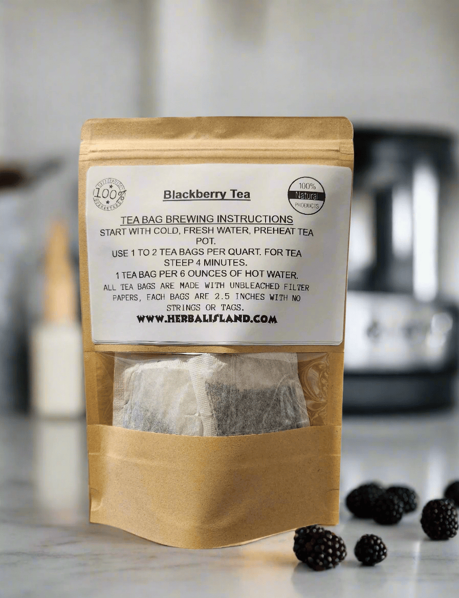Herbal Island blackberry tea bags in a box, showing black tea bags with blackberry flavor on the packaging
